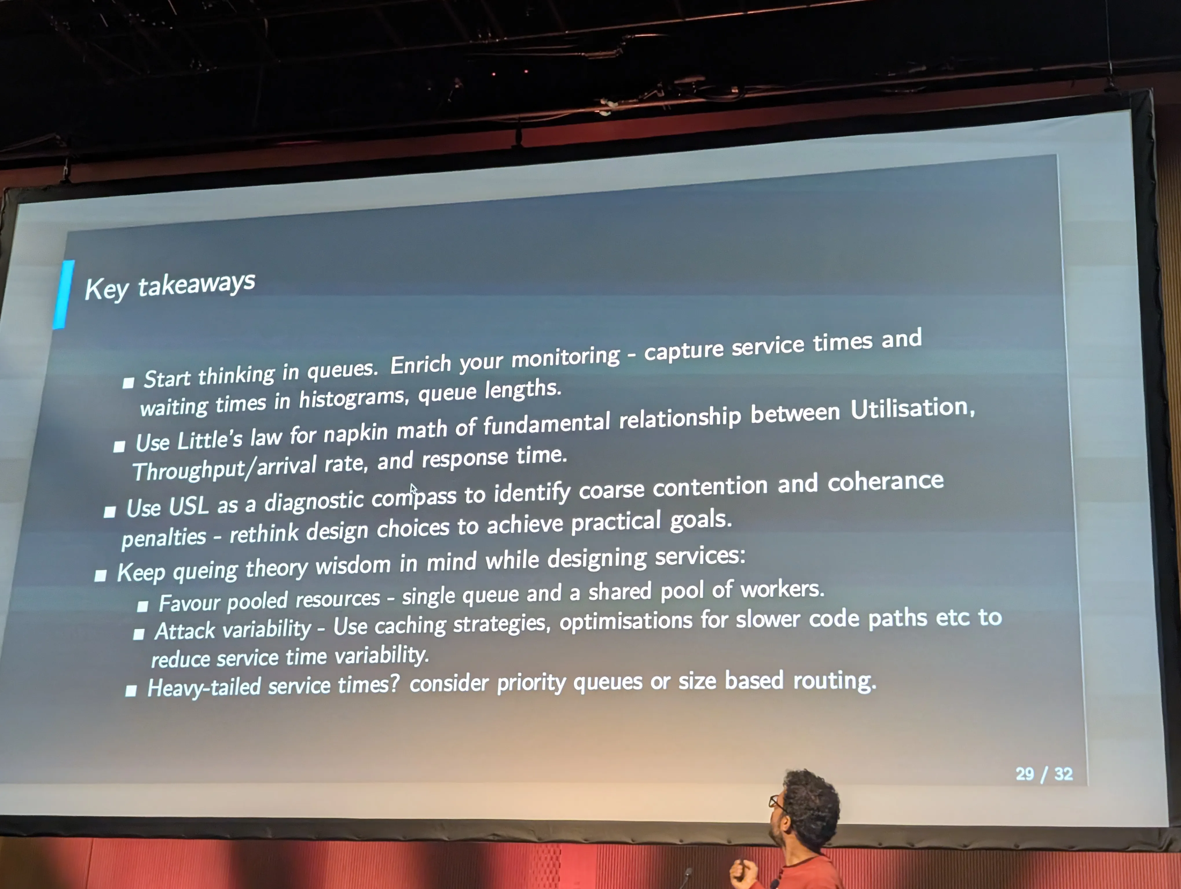 Slide summarising queuing theory and USL key takeaways