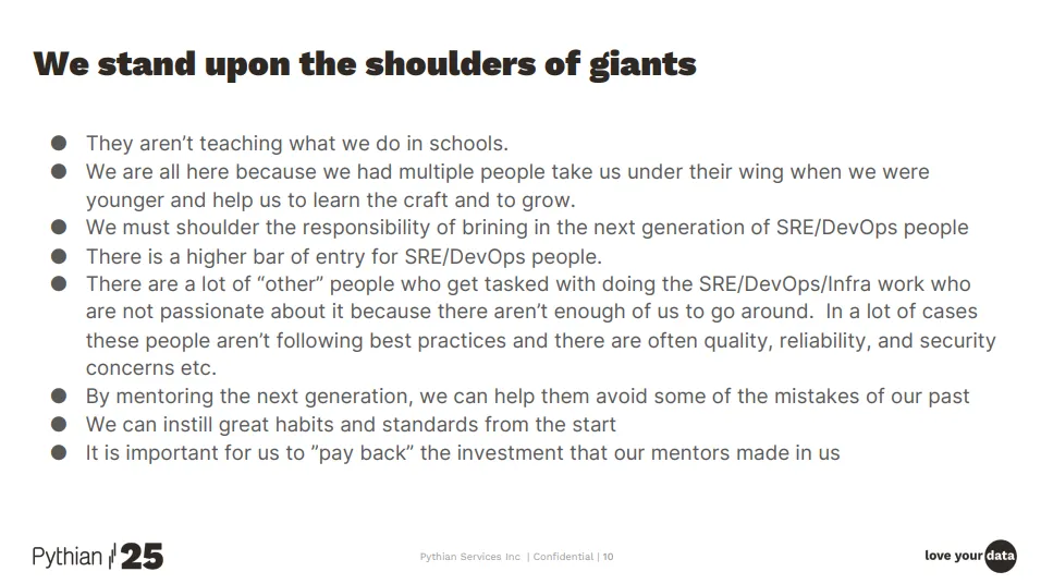 A slide from the Passing the Torch talk about building an SRE graduate program